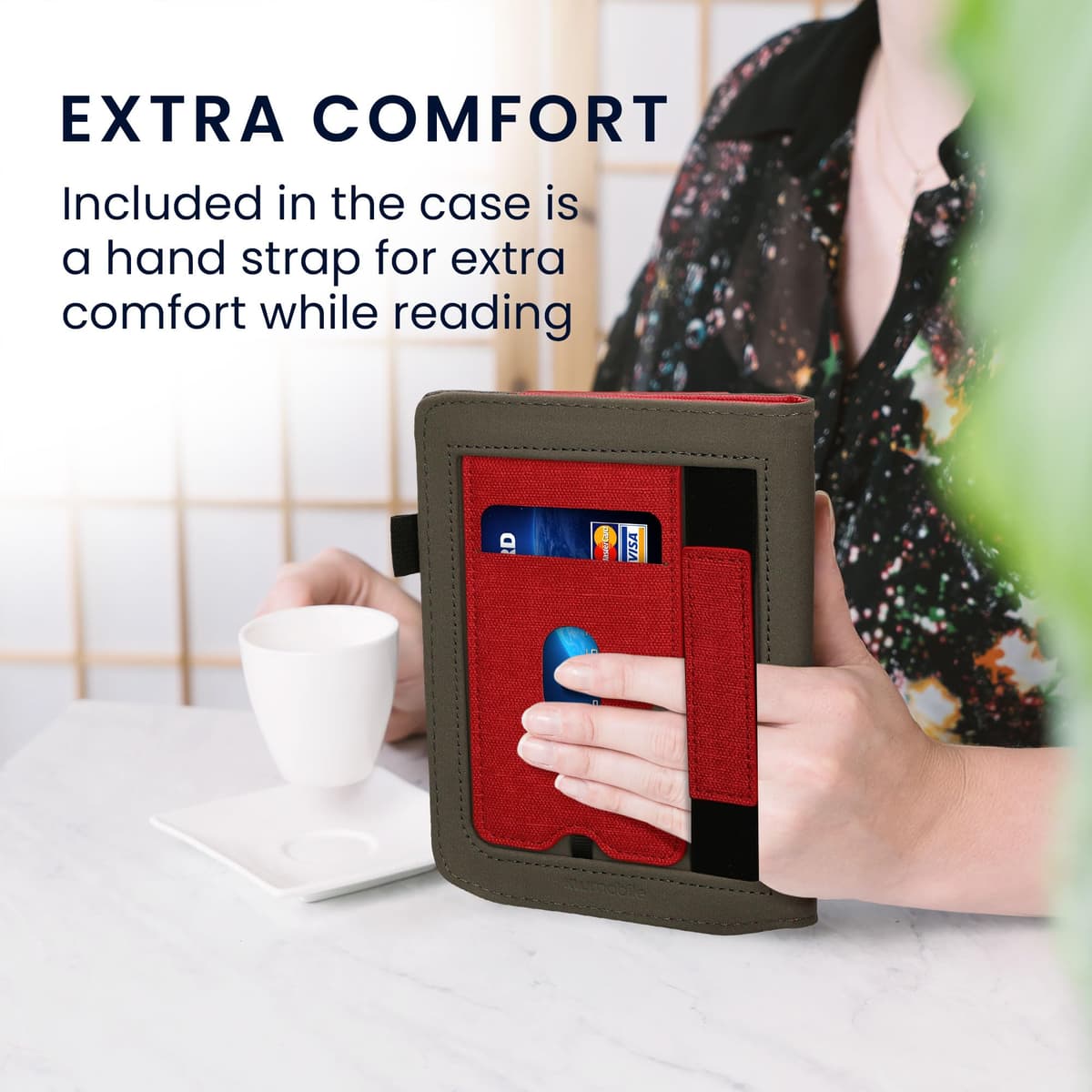 kwmobile Carcasa Compatible con Pocketbook Verse/Verse Lite/Verse Pro/Color/Vivlio Light/Light HD Funda - Funda con Stand Agarre de Mano y Tarjetero - Rojo/Gris Oscuro — view 2
