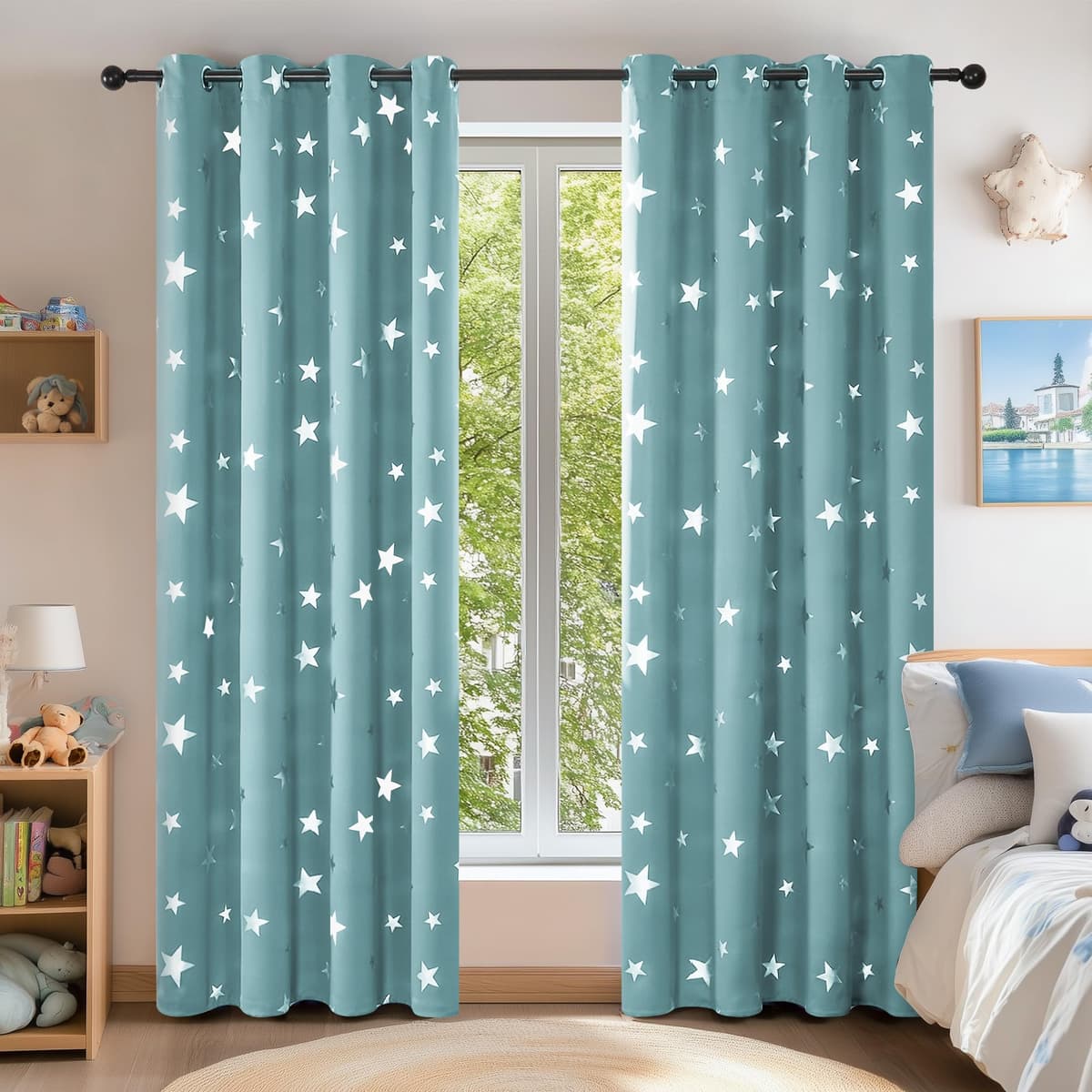 Deconovo Navy Blue Curtains for Living Room Super Soft Thermal Insulated Star Foil Printed Eyelet Blackout Curtains 46 x 54 Inch 2 Panels — view 7