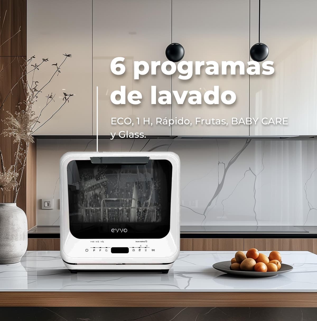 EVVO Lavavajillas Tamaño Pequeño, Compacto y Sin Instalación, Para Sobremesa o Encimera, 2 Servicios, 6 Pogramas, Secado Extra, Programa ECO, Programa Autolavado, Inicio Diferido, Mini D Trip (Blanco) — view 5