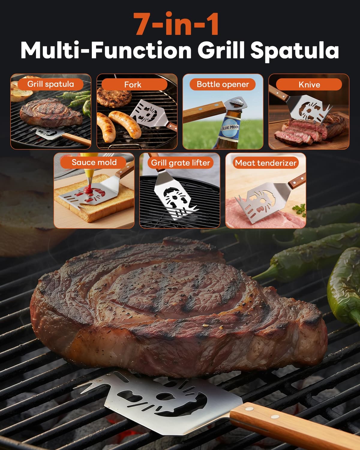 3 Pcs Multifunction Barbecue Tool Set for Men Gift Birthday with Grill Spatula, Tongs, Fork Heavy Duty Barbecue Accessories Kit with Bag for Outdoor Camping — view 3
