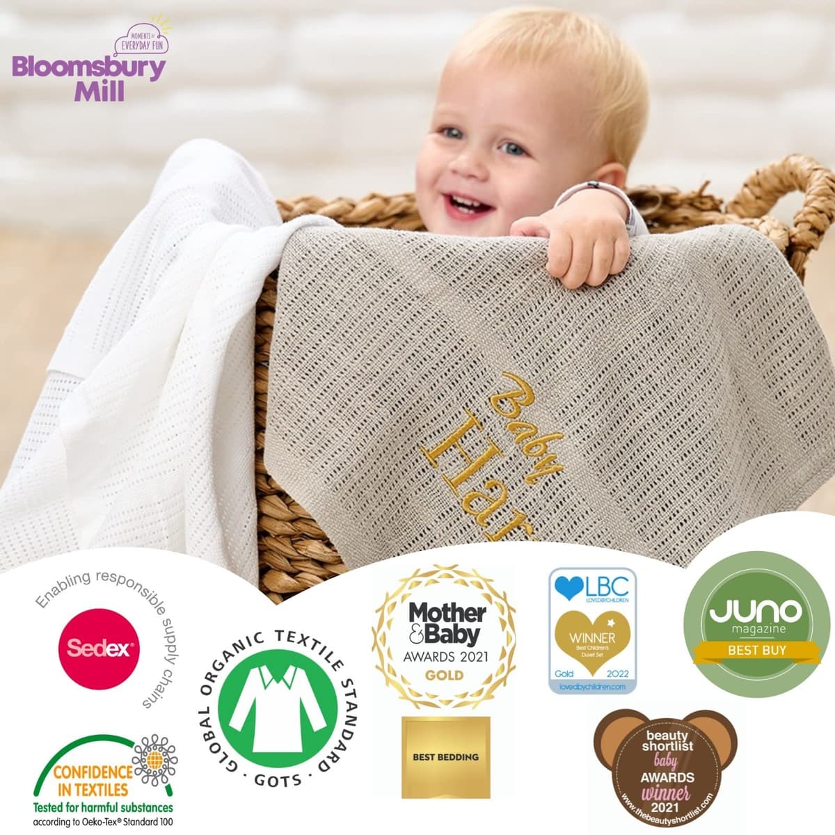 Bloomsbury Mill - Cellular Blankets Baby - Soft 100% Organic Cotton Baby Blanket - Pack of 2 - Essentials For Newborn - Ideal for Cot Bed, Travel, Car Seat, Pram, Moses Basket - Cream 75x95cm — view 4