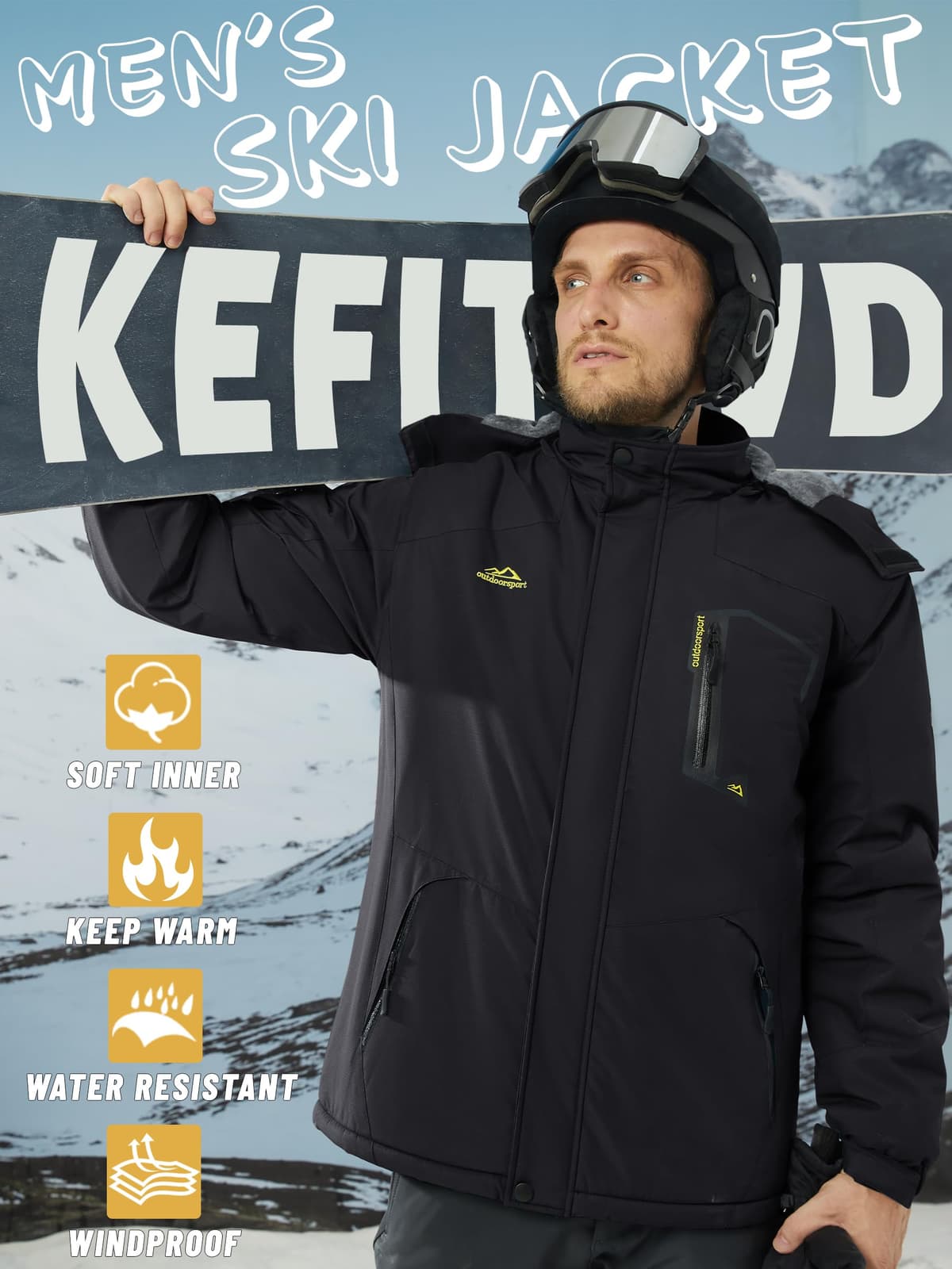 KEFITEVD Hombre Impermeables Lana Chaquetas Impermeables Esquí Cálidos Invierno Abrigos Térmicos Exteriores Abrigos con Capucha Desmontable — view 2