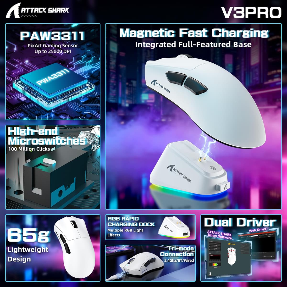 ATTACK SHARK V3PRO Ratón Gaming Inalámbrico con Base Carga Magnética, PixArt PAW3311, hasta 25000 dpi, BT/2.4GHz/Alámbrico, 100M Clics, 500mAh, 65g Ultra-Ligero para Win11/Xbox/PS/Mac - Blanco — view 2