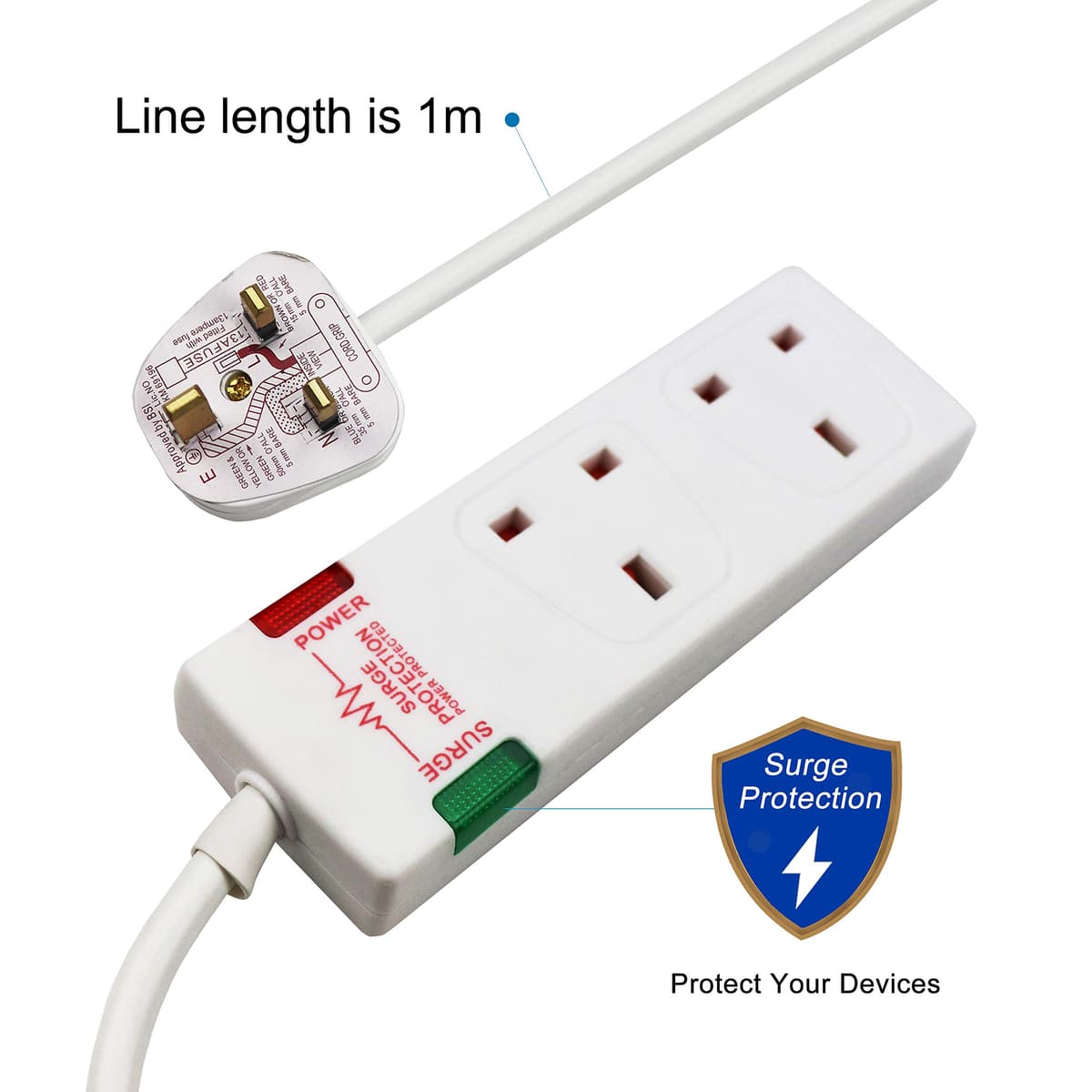 ExtraStar 2 Way Double Socket Power Mains Extension Lead 1M Metre Cable - Surge Protected British Approved 13A - White — view 4
