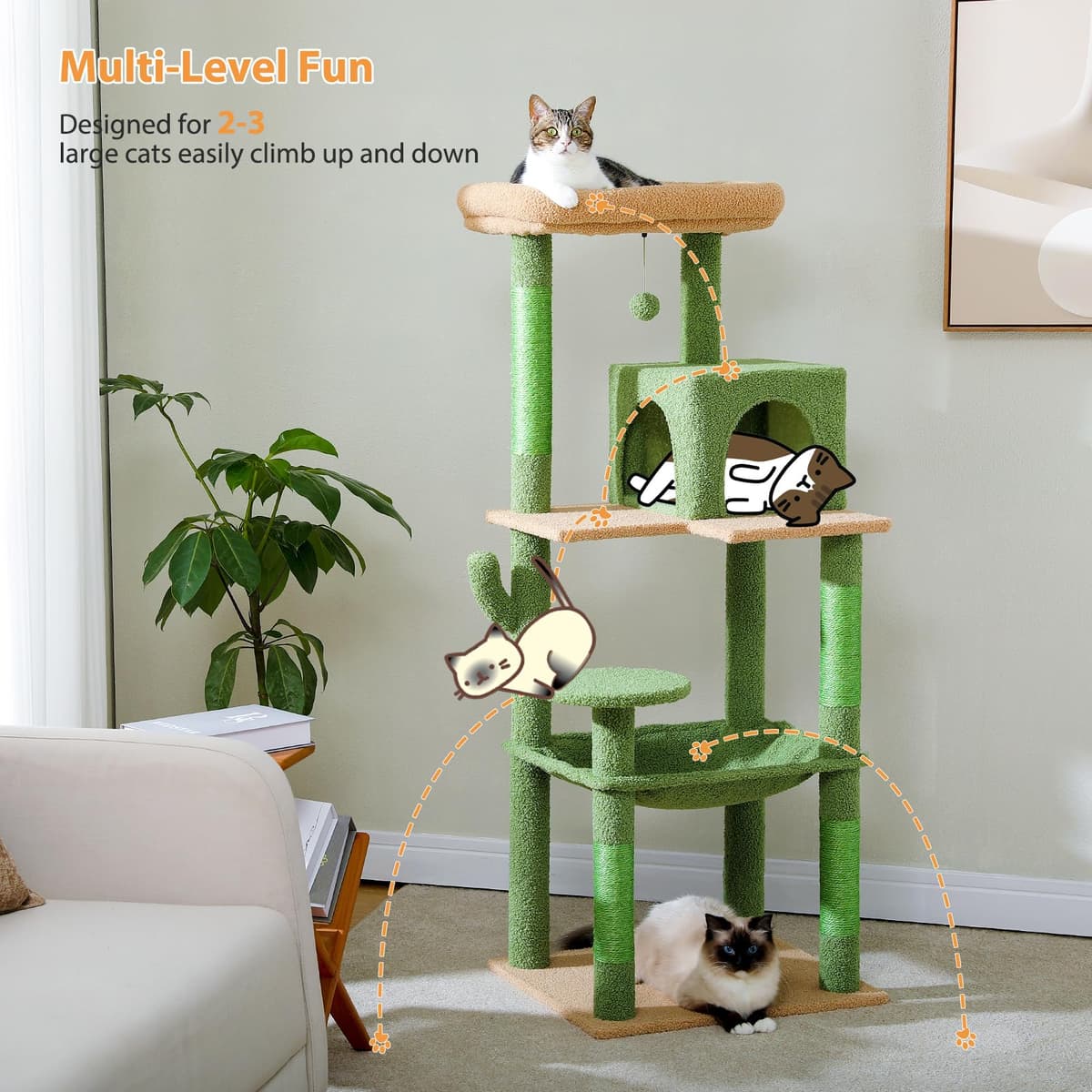 PAWZ Road Cactus Cat Tree Big Cat Tower 143cm, Activity Center Stable and Sturdy, 56.3 Inches Cat Tree with Hammock and Lovely Cat House Size L Green — view 3