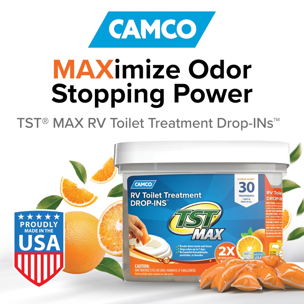 Camco TST MAX RV Toilet Treatment Drop-INs - Control Unwanted Odors & Break Down Waste and Tissue - Safe Septic Tank Treatment - Orange Scent, 30-Pack (41183) — view 2