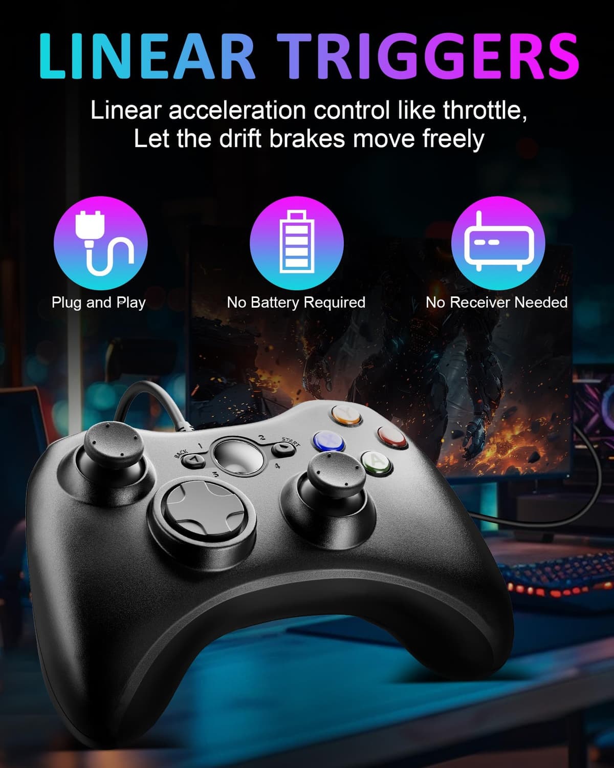 Suoxiom Wired Controller for Xbox 360 PC, USB Gaming Gamepad with Ergonomic Design, Plug & Play Dual Vibration Controller Compatible with Xbox 360 & Windows 10/8/7/XP — view 5