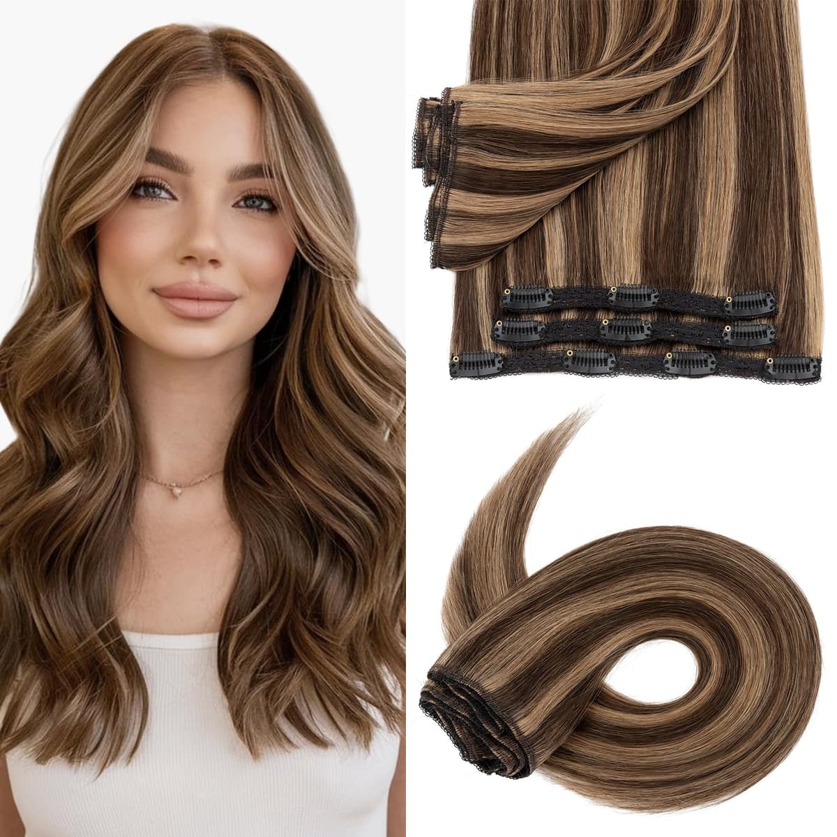 Silk-co 10inch Hair Extensions Clip in Hair Extension Human Hair #04 Medium Brown -Basic Thickness-Thin Weft- 8 Pieces Real Remy Straight Hair Extensions[50g] — view 169