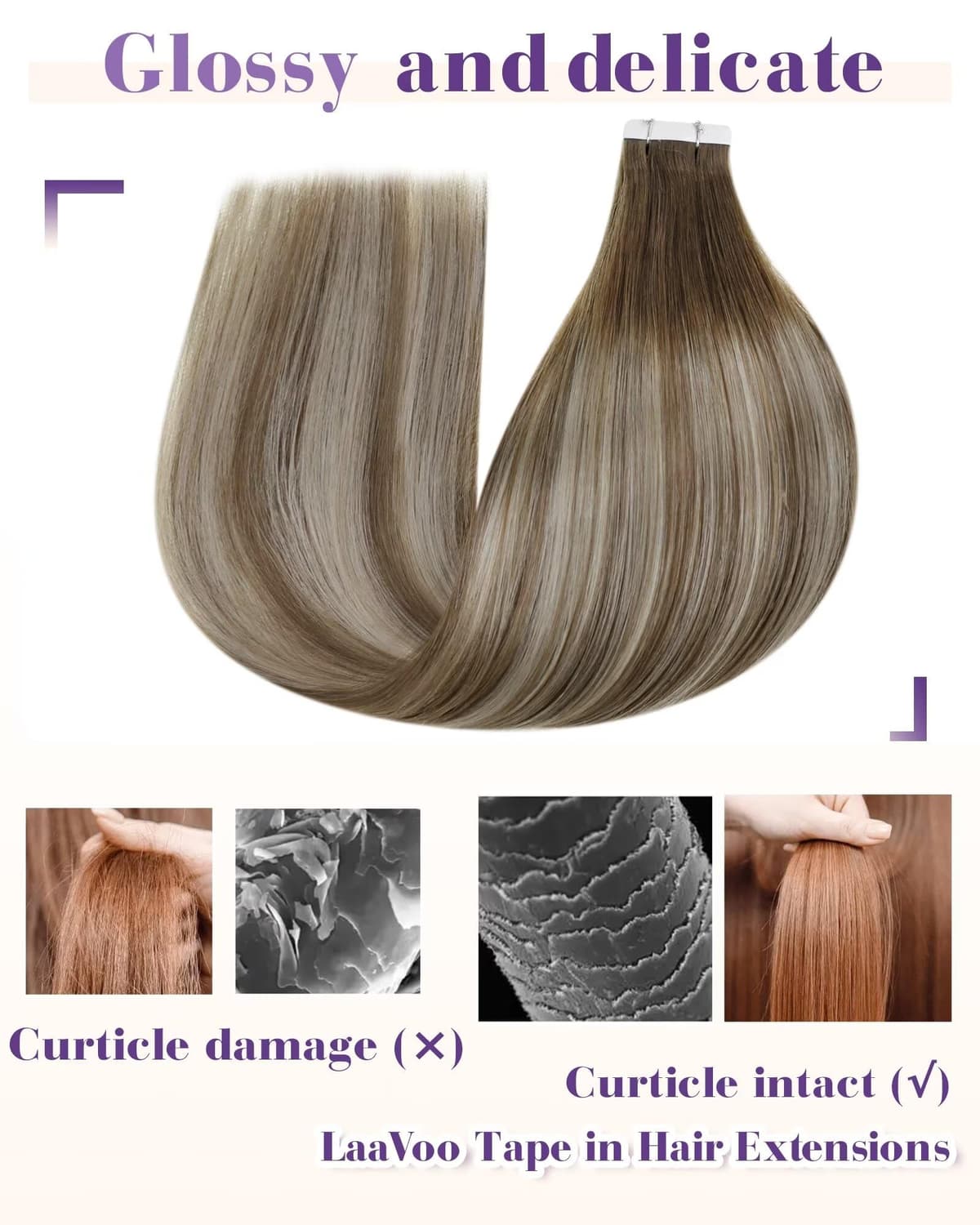 LaaVoo Tape in Hair Extensions Human Hair Blonde Tape Hair Extensions Real Human Hair Invisible Tapes Remy Straight Balayage Brown to Blonde Hair Double Sided Tabs 20pcs 50g 16 Inch #8/18/60 — view 100