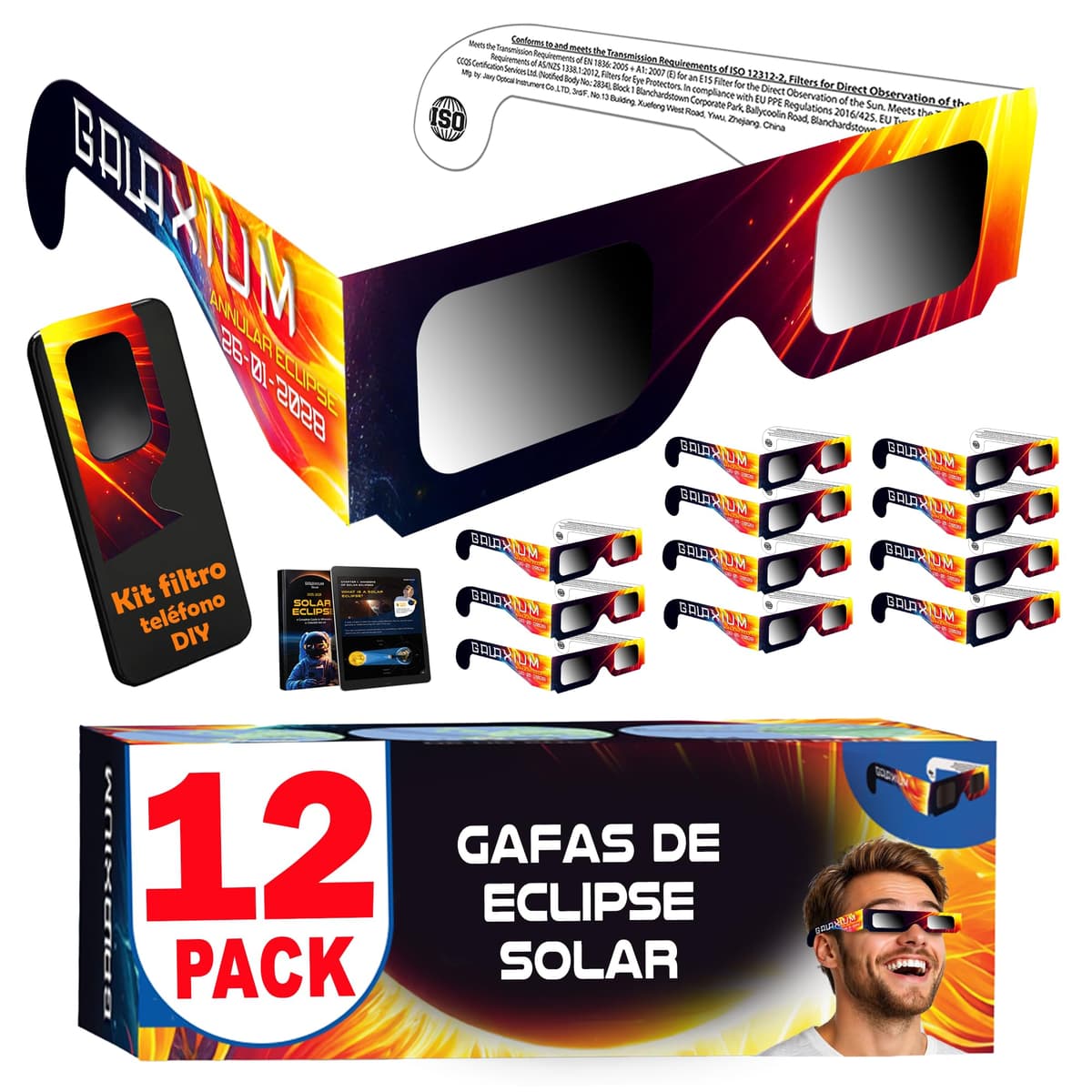 Galaxium 6 & 12 Gafas Eclipse Solar Homologadas ISO 12312-2 - Aprobadas AAS 2026 - Certificadas CE - Seguras para Observación Directa - Gafas para Ver Eclipse Solar
