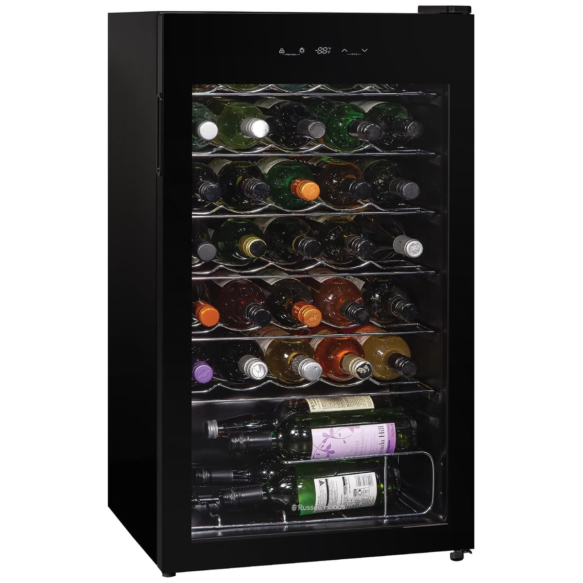 Russell Hobbs Undercounter Fridge 93 Litre/34 Bottle Freestanding Wine & Drinks Fridge Beer in Black LED Light, Drinks & Snacks Glass Door, Energy Efficient, 2 Year Guarantee RH34WC101B