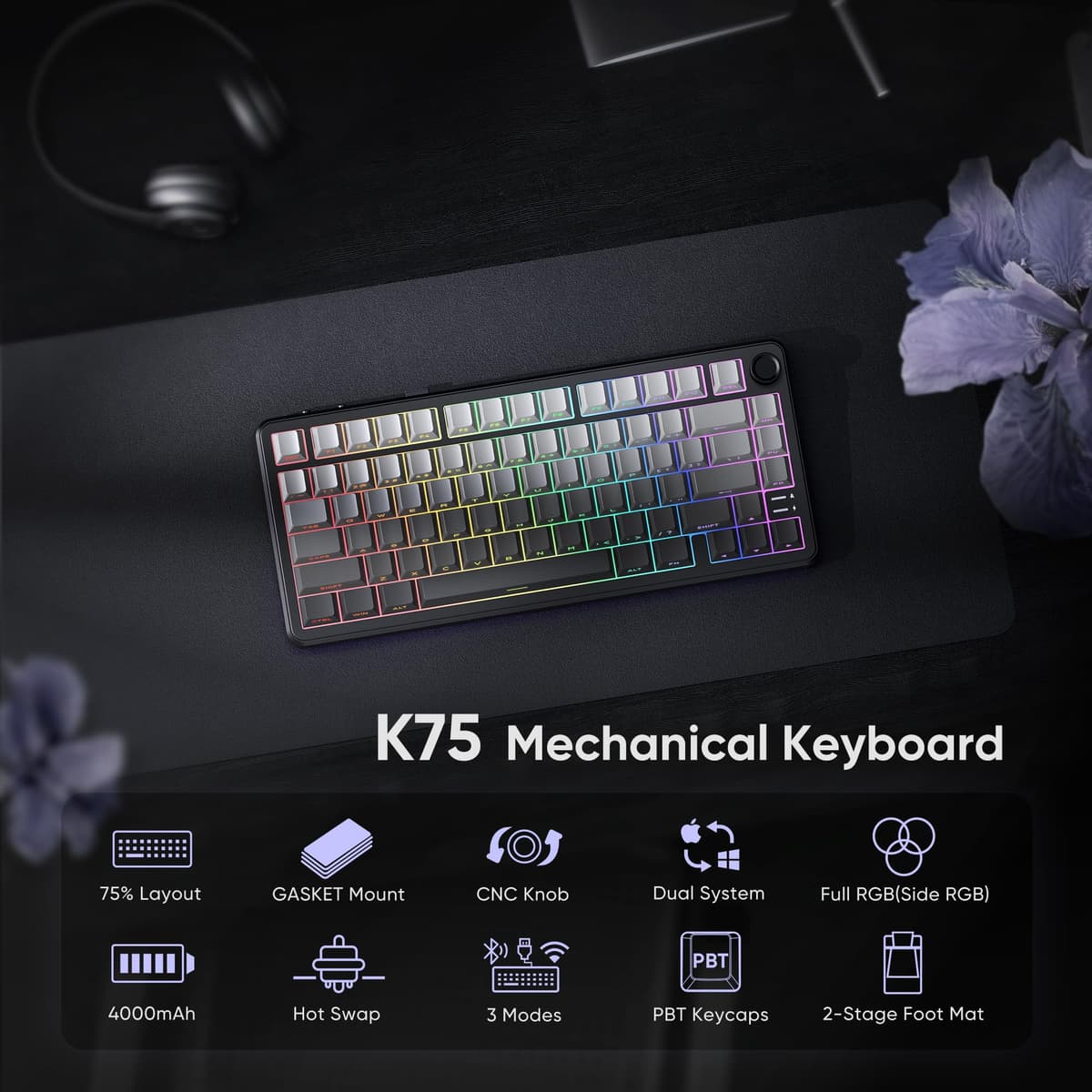 RedThunder K75 75% Wireless Mechanical Gaming Keyboard,Creamy Gasket-Mounted,Volume Knob,US Layout,Keycaps-Side Print,2.4G/BT/USB-C,RGB Underglow Lighting,Hot swappable Fast Apricot Switch for PC Mac — view 2