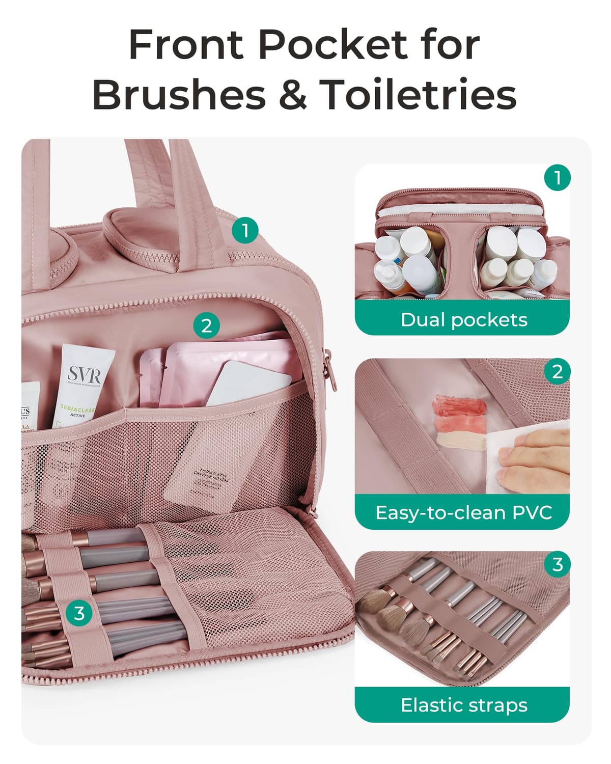 BAGSMART Large Toiletry Bag Travel Makeup Bag, 2 Full Open Upright Compartments, Cosmetic Wash Bag with Wet & Brushes Pocket, Essentials Accessories for Women, Dark Pink — view 3