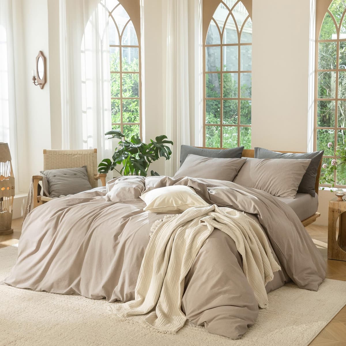 MooMee Bedding Duvet Cover Set 100% Washed Cotton Linen Like Textured Breathable Durable Soft Comfy (Tannish Linen Grey, King) — view 66