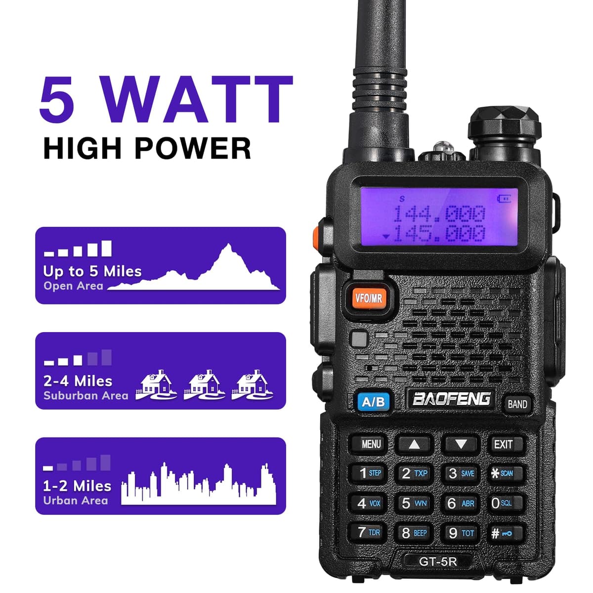 BAOFENG GT-5R Walkie Talkie, Radio de Doble Banda para 144-146/430-440MHz, Largo Alcance con 128 Canales, Batería de 1800 mAh, Auriculares, Cable de Programación para Camping, Soporte Chirp, 2PCS — view 3