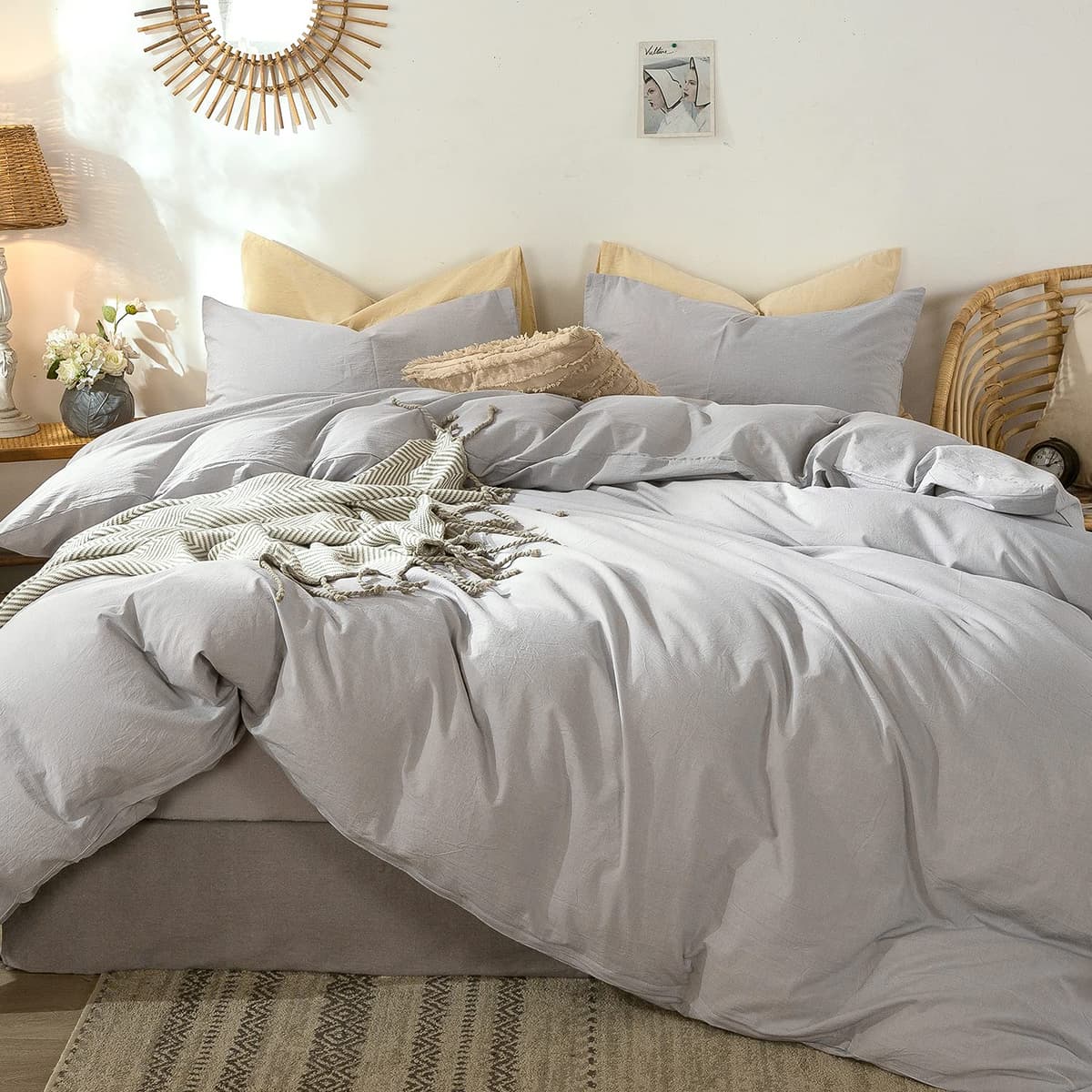 MooMee Bedding Duvet Cover Set 100% Washed Cotton Linen Like Textured Breathable Durable Soft Comfy (Tannish Linen Grey, King) — view 239