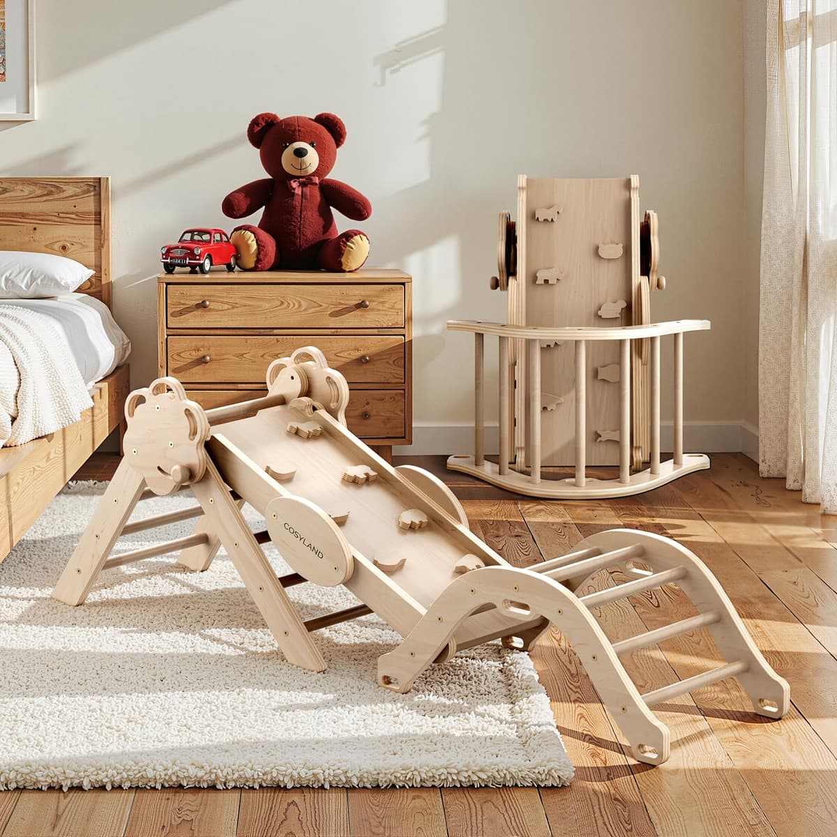 COSYLAND 8 en 1 Triángulo de Escalada Montessori con Arco y Rampa, Set Plegable Infantil, Juguete de Madera Resistente para Interior, Niños 18 Meses-6 años, Natural/Madera Clara, Mediano — view 2