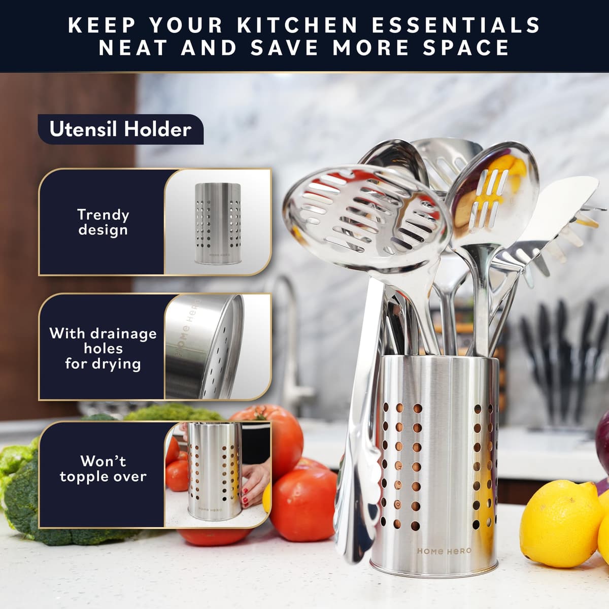 Home Hero Stainless Steel Kitchen Utensils Set - Nonstick Cooking Utensils Set - Heat Resistant Kitchen Essentials & Metal Kitchen Gadgets (10 pcs - Wood and Stainless Steel) — view 6