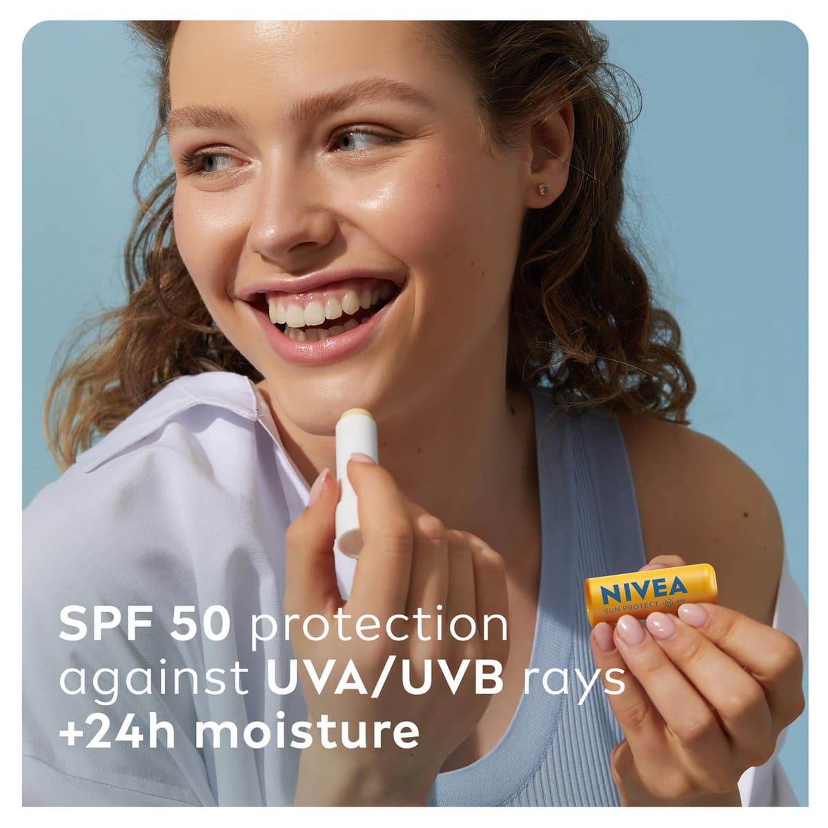 NIVEA SUN Protect Caring Lip Balm SPF50 (4.8g), Factor 50 Balm with Shea Butter, Protection Against UVA/UVB Rays with 24H Moisture, Lip Care, No White Cast — view 2