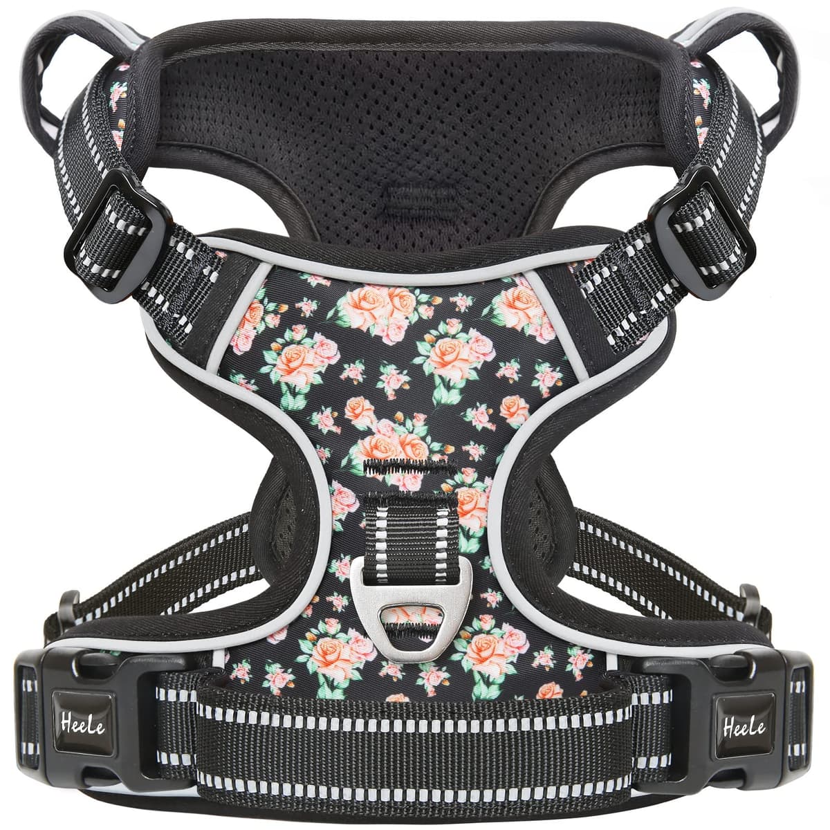 HEELE Arnés Reflectante para Perro, con Control de Mango Acolchado, 2 Anillos de Metal, arnés para Perros pequeños, medianos y Grandes, Flores-Negro, L