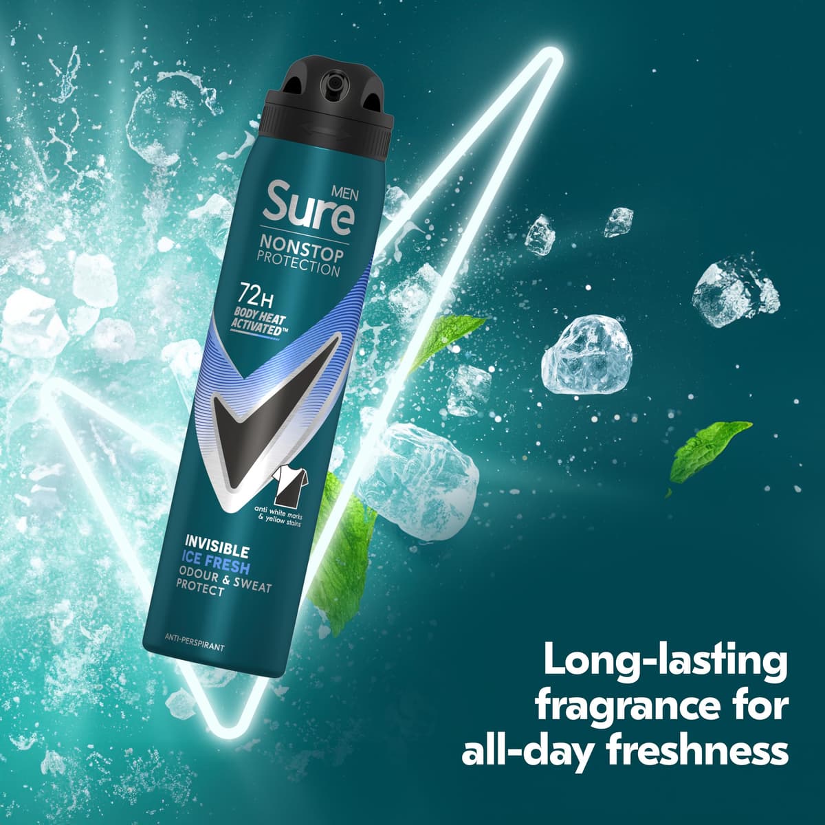 Sure Men Nonstop Protection Invisible Ice Fresh Deodorant Body Spray Antiperspirant with body heat activated technology for 72 hour odour and sweat protection 250 ml — view 4