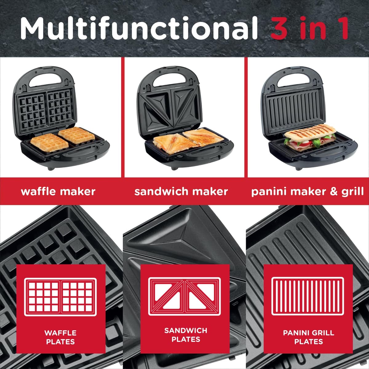 Sensio Home Multi Functional 3 in 1 Waffle Iron, Deep Fill Sandwich Toaster, Panini Press or Grill Snack Maker Machine Interchangeable Non Stick Easy Clean Plates Secure Lock Plus Ready & Power Lights — view 2