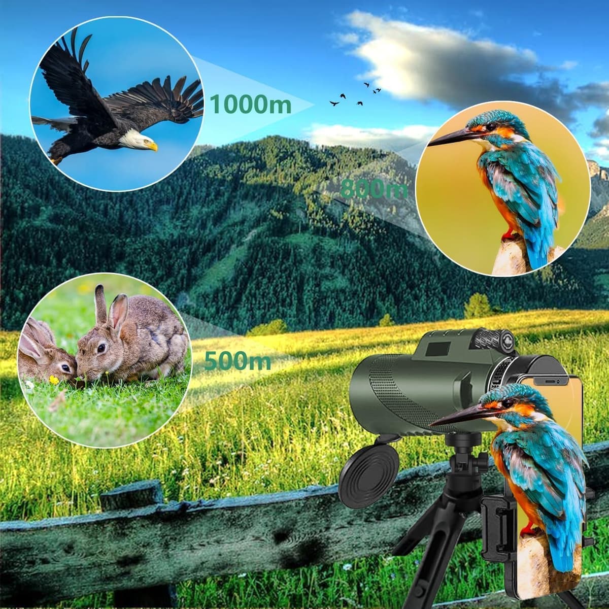 10x50 High Powered Monocular Telescope, Compact Non-Slip Portable Monocular for Bird Watching, Camping, Hiking, Travel, Concerts and Outdoor Viewing（Green） — view 4