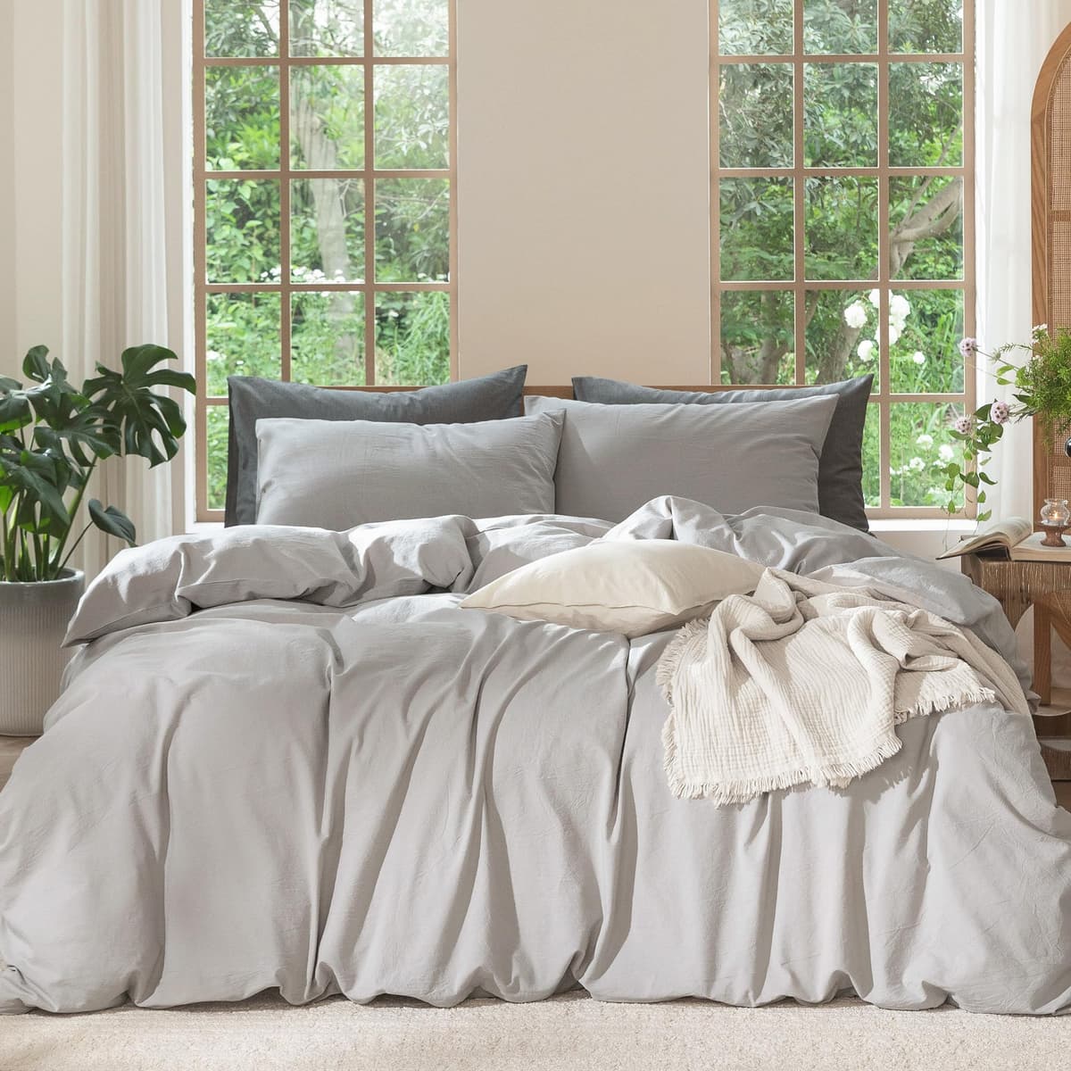 MooMee Bedding Duvet Cover Set 100% Washed Cotton Linen Like Textured Breathable Durable Soft Comfy (Tannish Linen Grey, King) — view 216