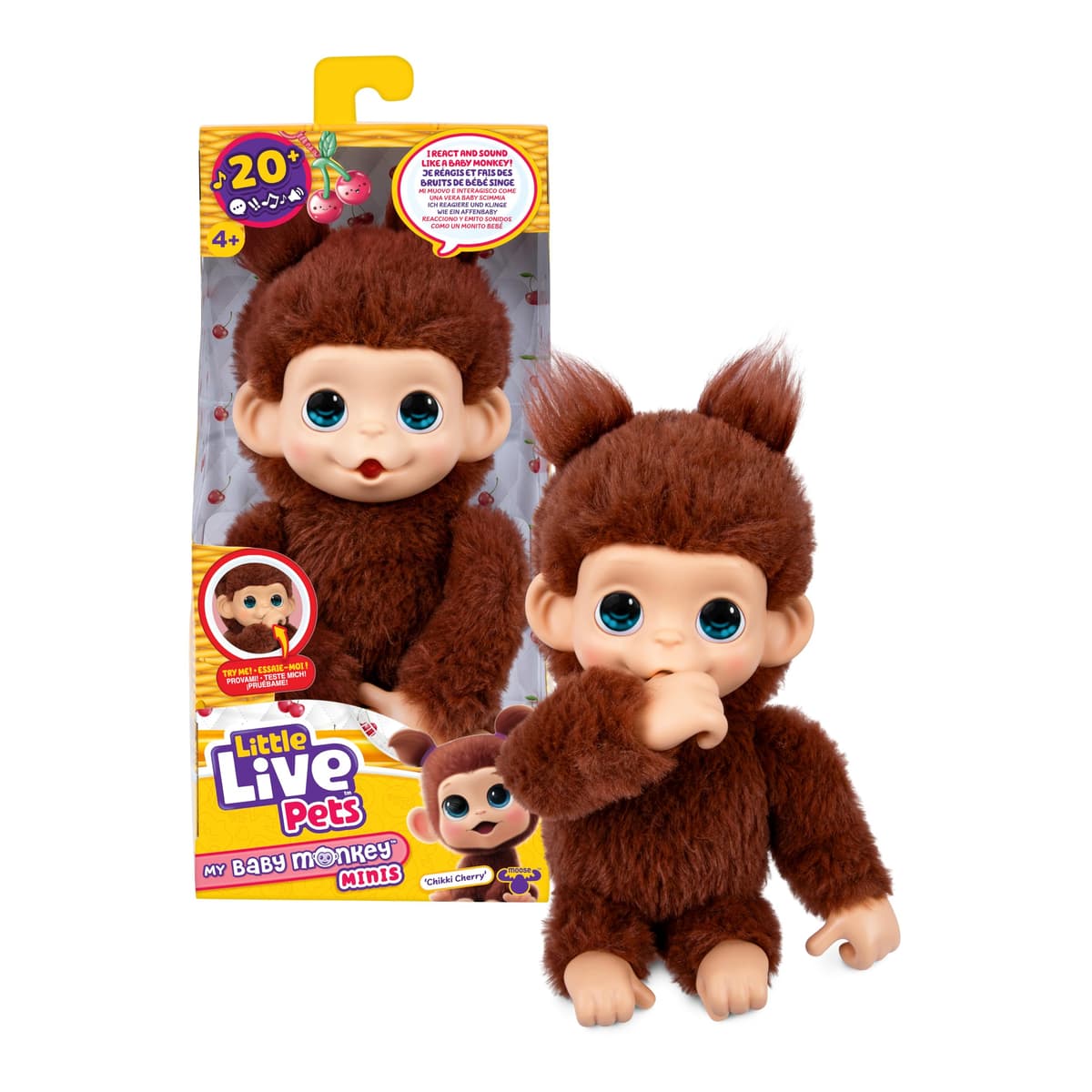 Little Live Pets Baby Monkey Minis – Luna Lemon. Interactive Pet Toy. 20+ Sounds & Reactions. Soft Pink Fur. 7.4" Tall. Feed, Nurture. React. Grippy Hands & Feet. Collect All 3 — view 10
