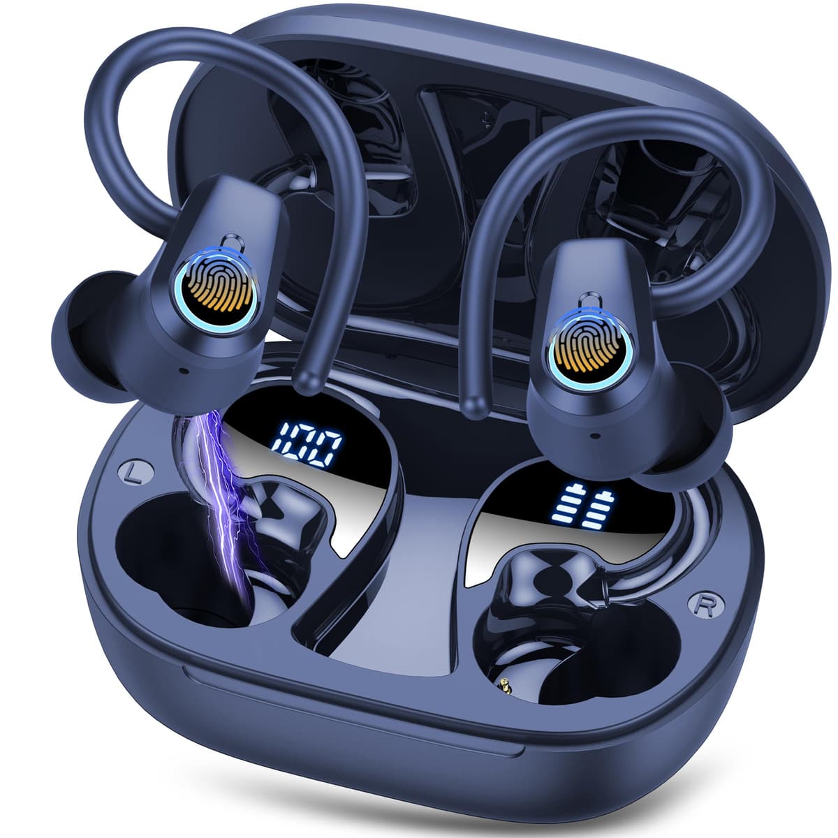 Wireless Earbuds, Bluetooth 5.3 Headphones with 4 ENC Noise Canceling Mic, 50H Stereo Dual LED Display Ear Buds, Sport Bluetooth Earphones with Earhooks, IP7 Waterproof Wireless Headphones for Running — view 8