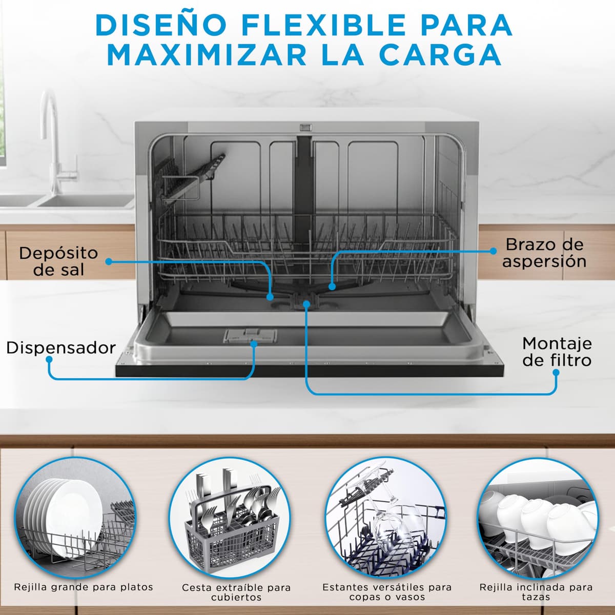 Midea Lavavajillas Pequeño Blanco 55 cm para 6 servicios - Lavavajilla Compacto y Portatil sin Instalación - Lavaplatos con Programa Eco Ahorro, Filtro Antibacterias y Programación Horaria — view 3