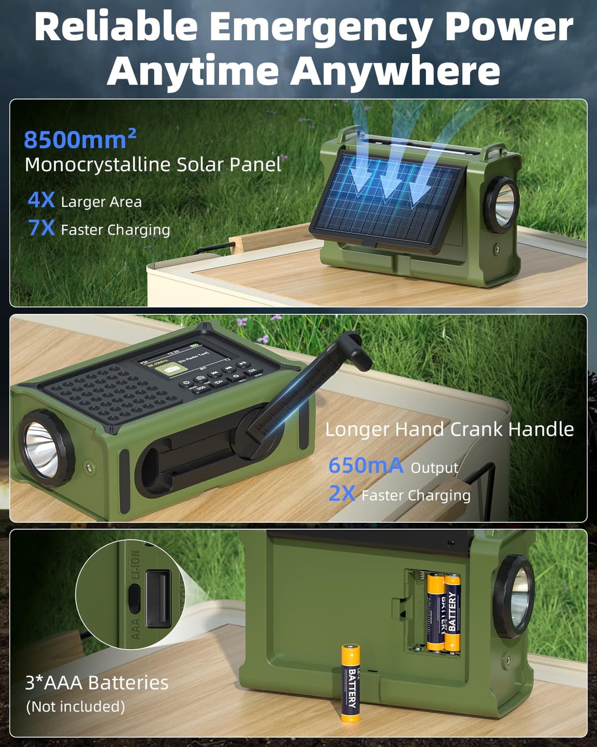 Roxicosly DAB+/DAB/FM Solar Wind Up Radio with 12000mAh Rechargeable Battery, Bluetooth5.0, 2.4" Large Colour Display, Dual USB Chargers, 5W Torch,120db SOS, Dual Alarms for Survival Outdoor — view 4