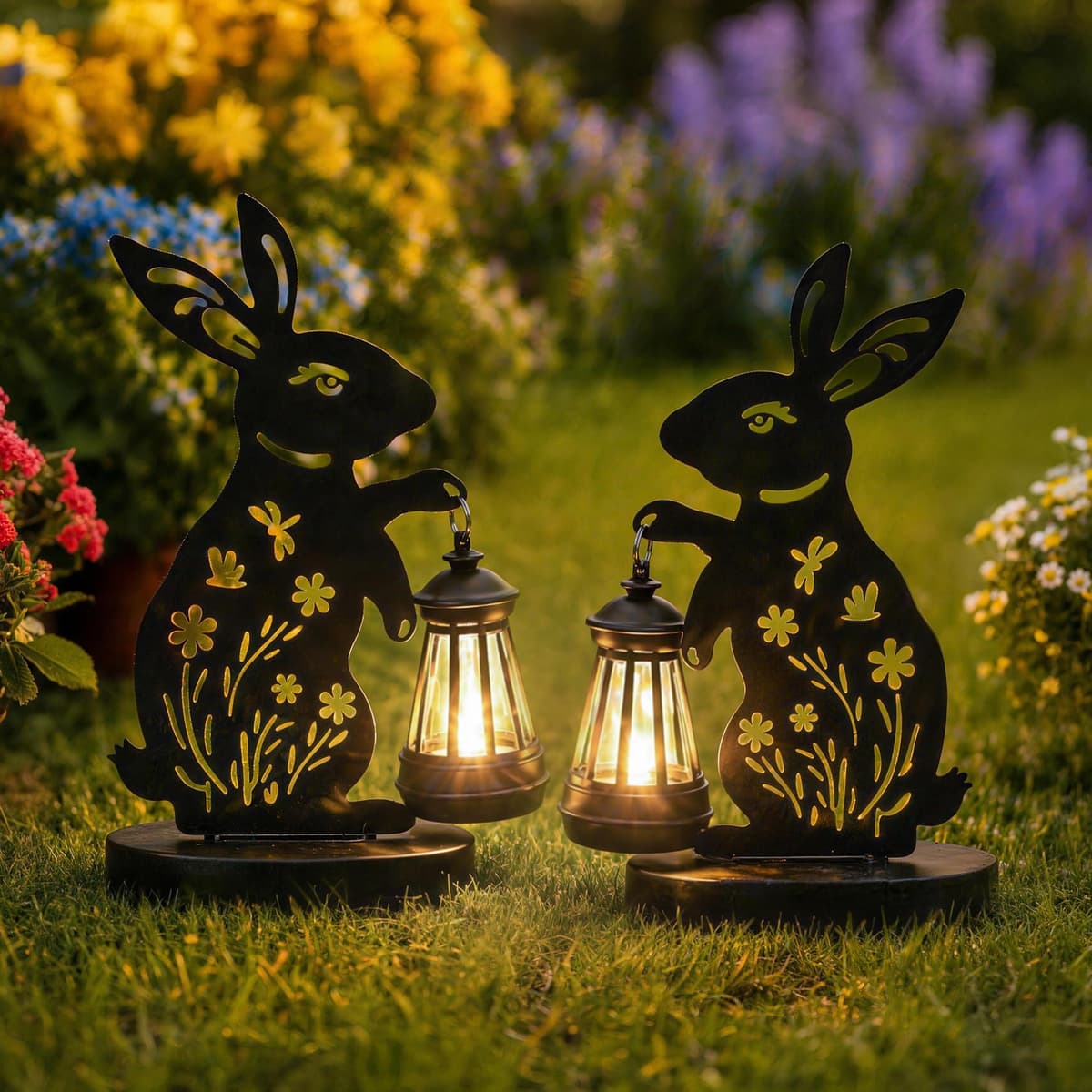 GIGALUMI Iron Rabbit Statue Garden Ornaments Outdoor with Solar Powered Lights,Unique Gifts for Mom,Women,Waterproof Garden Statue Decorations for Patio, Yard(2 Pack)
