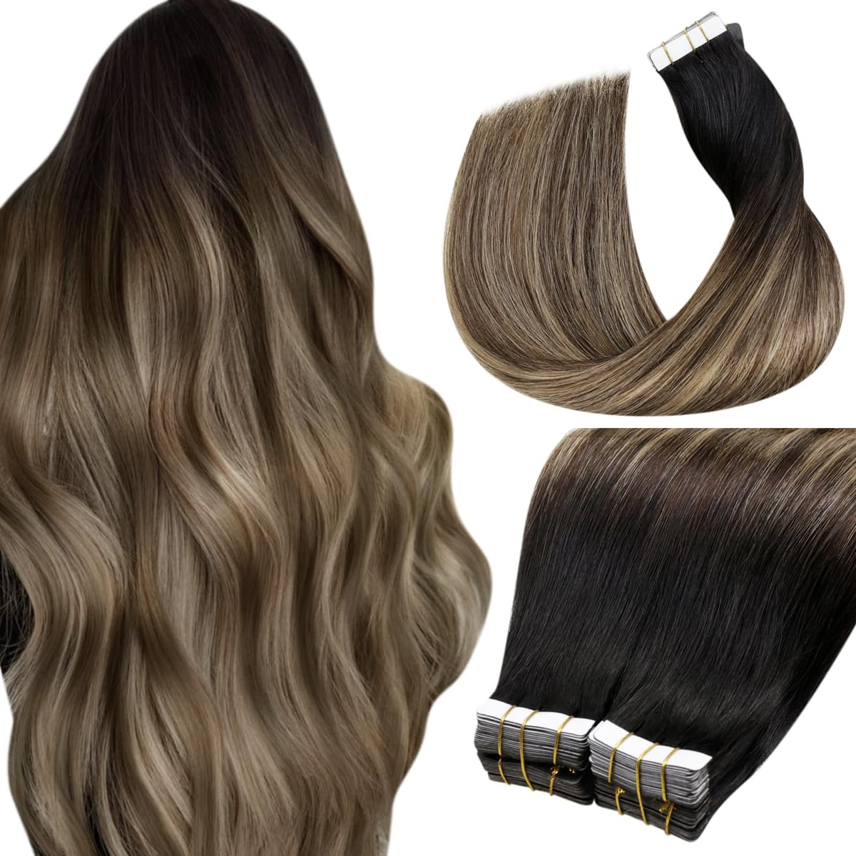 LaaVoo Tape in Hair Extensions Human Hair Blonde Tape Hair Extensions Real Human Hair Invisible Tapes Remy Straight Balayage Brown to Blonde Hair Double Sided Tabs 20pcs 50g 16 Inch #8/18/60 — view 75