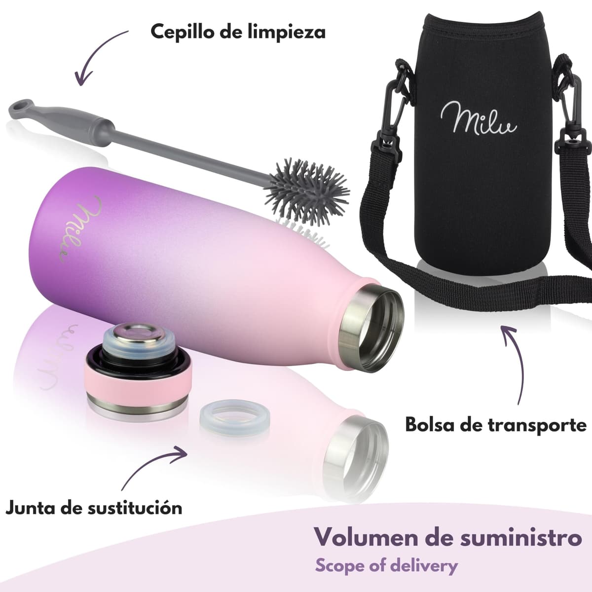Milu Botella de acero inoxidable de 350ml 500ml 750 ml 1 L 1,5 L botella de agua aislada, termo a prueba de fugas, doble pared, apta para ácido carbónico + cepillo de limpieza (Azul Violeta, 350ml) — view 228