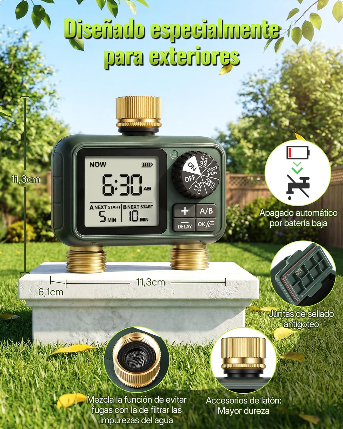 2 Valve Irrigation Programmer, Automatic Irrigation Computer, Timer for Garden Hose Tap, Rain Delay Function, Patio and Lawn, Dark Green — view 5
