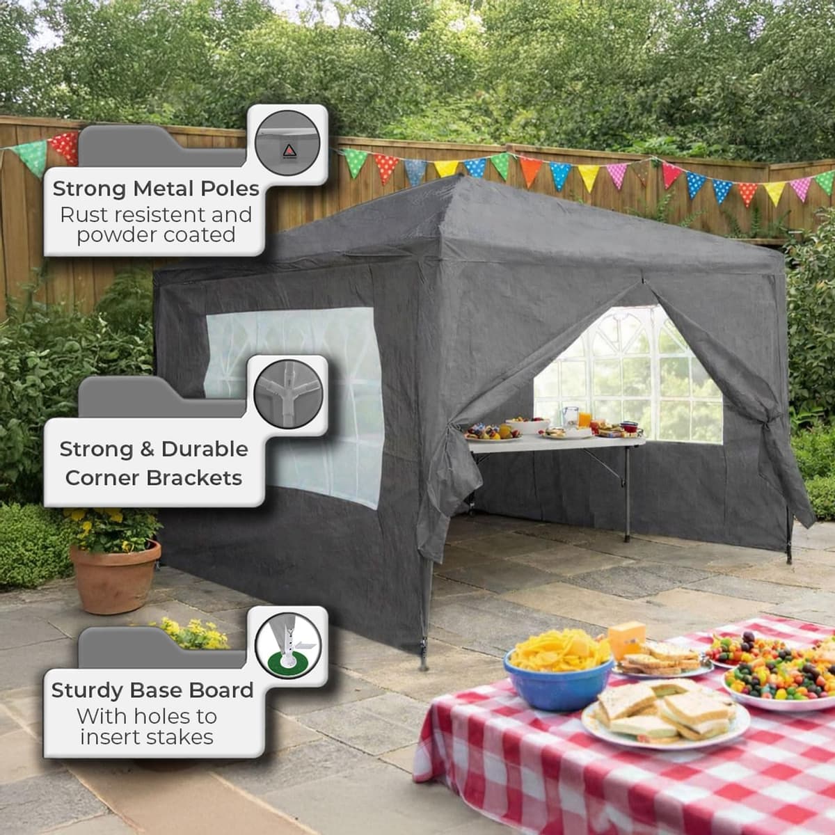 Neo 3X3M Event Gazebo 4 Side Panels Outdoor Waterproof Garden Party Tent Marquee Canopy Shelter Coated Steel Frame (Grey) — view 5
