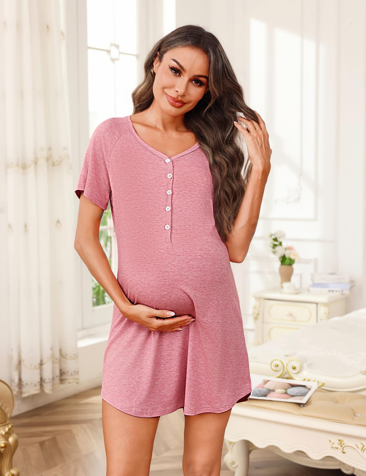 Uniexcosm Camison Embarazada, Camisón Maternidad Lactancia Algodon Camison Premamá Corta Camisón Lactancia Mangas Raglán con Botones Camisón con Cuello en V para Hospital Hogar — view 3