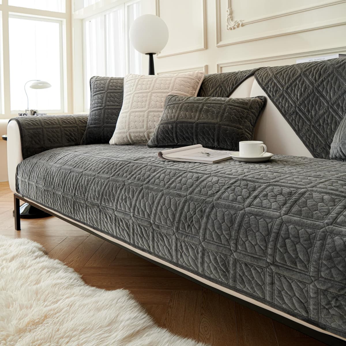 SHANNA Thick Rabbit Plush Sofa Cover 1 2 3 Seater, New Universal Non-Slip Corner Sofa Cover L Shape Super Soft Faux Fur Sofa Slipcovers for Living Room(Grey, 70 * 180cm Seater Cover) — view 8
