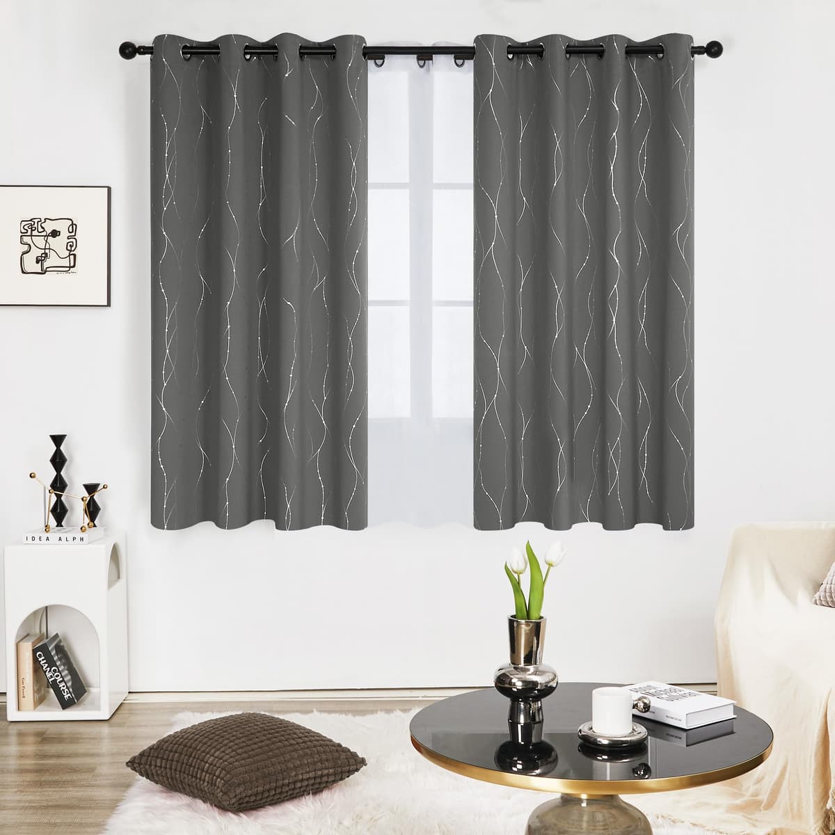 Deconovo Decorative Silver Dotted Line Foil Printed Blackout Curtains Thermal Insulated Curtains Eyelet Curtains for Baby Nursery 52 x 54 Inch Light Grey 2 Panels — view 2