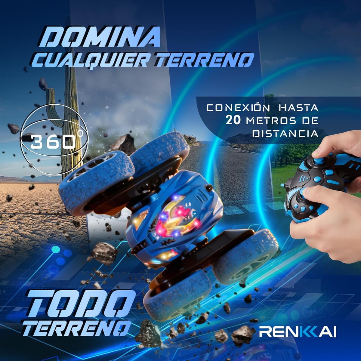 RENKKAI Coche Teledirigido Niños 3 4 5 6 7 8 Años | Coche teledirigido niños 4 años | Juguete Niño Regalo 3 4 5 6 7 8 9 12 Años | 2.4Ghz con Luces | Coches para Niños | ACROBÁTICO 360° — view 2
