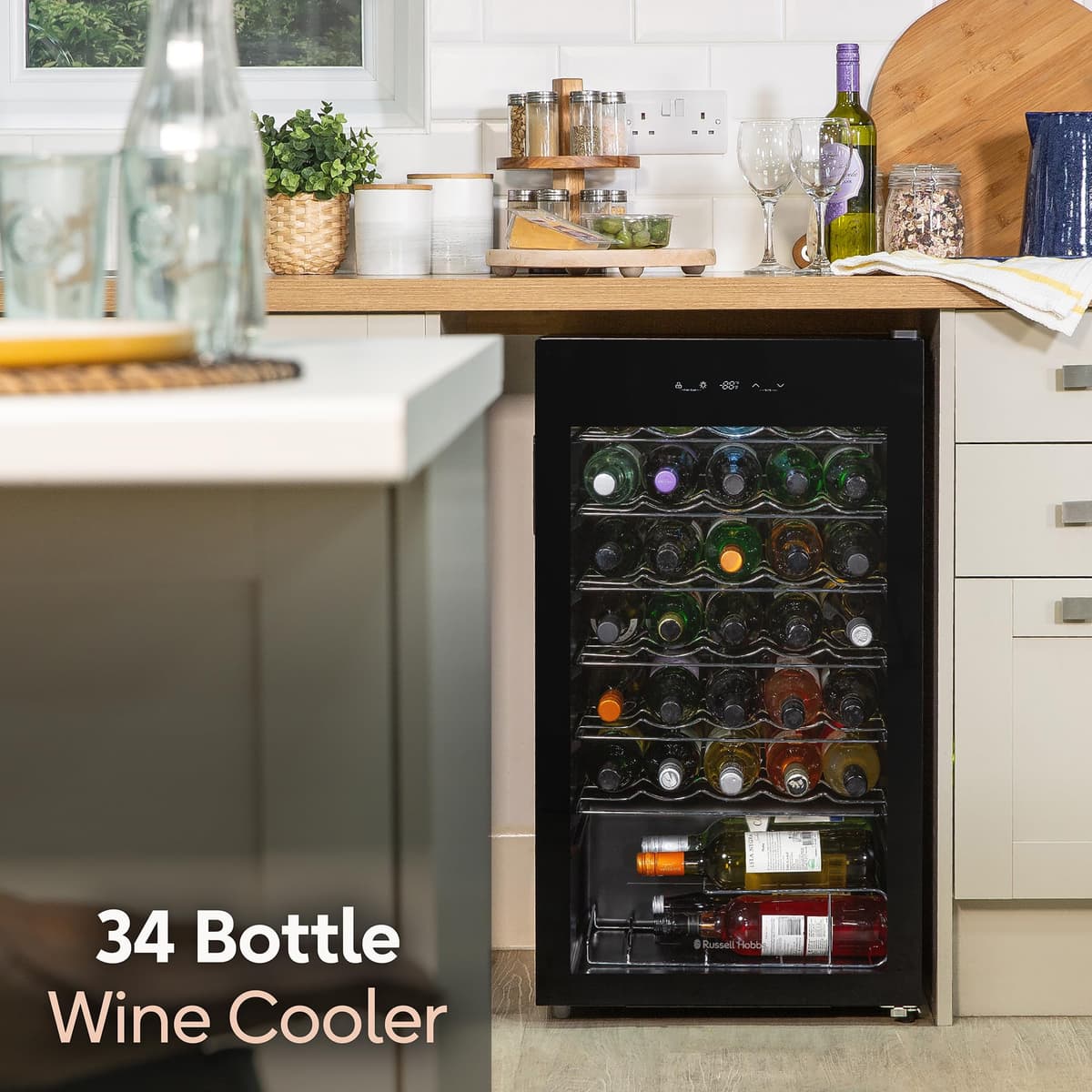 Russell Hobbs Undercounter Fridge 93 Litre/34 Bottle Freestanding Wine & Drinks Fridge Beer in Black LED Light, Drinks & Snacks Glass Door, Energy Efficient, 2 Year Guarantee RH34WC101B — view 3
