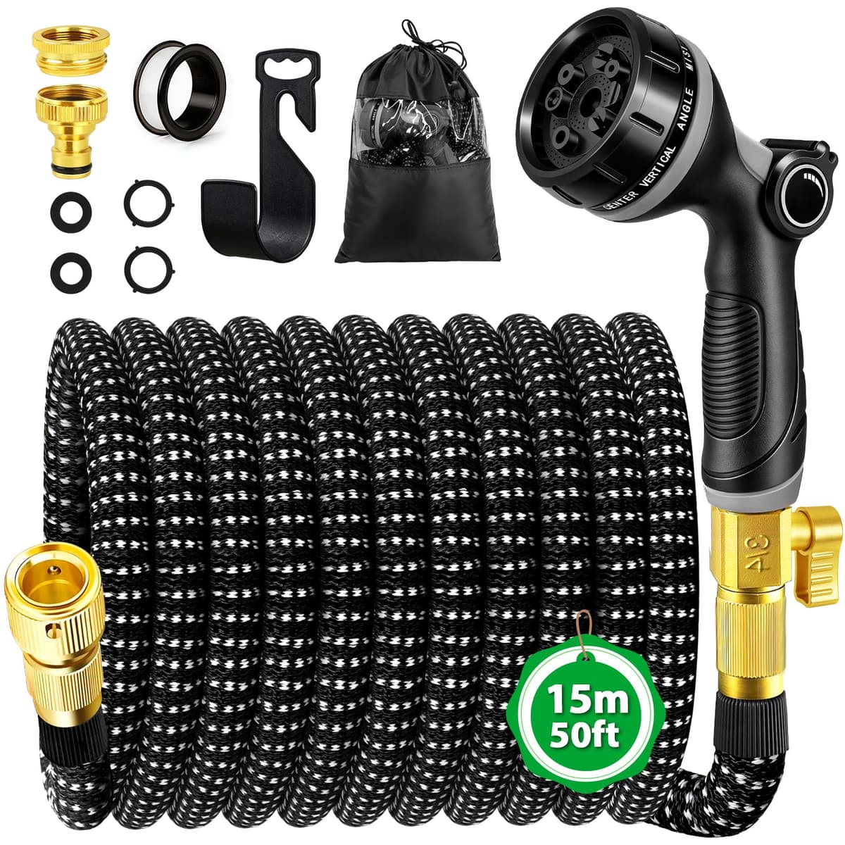 Manguera Jardin Extensible 15M, Manguera Extensible con Conectores de 1/2" 3/4" y Soporte de Pared, Mangeras Jardineria con 10 Funciones Pistola para Jardín, Lavar la Mascota, Lavado de Coche