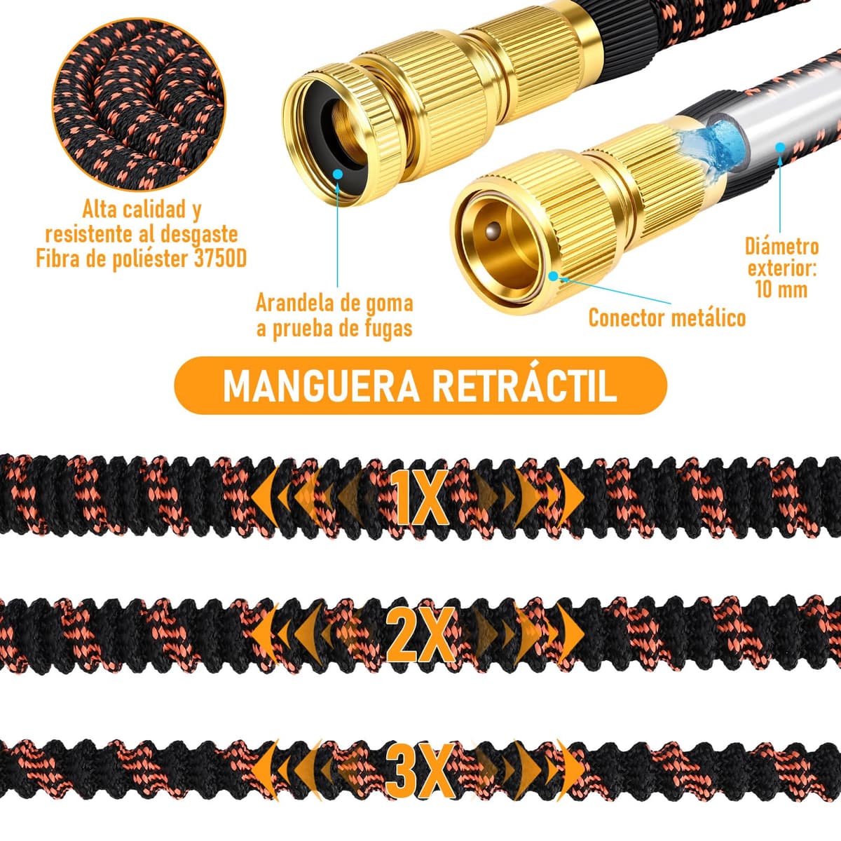 Manguera Extensible 30M/100FT, Manguera de Jardín Extensible Pistola de Riego con 8 Funciones Pistola Hose Con 3/4" y 1/2" Accesorios de aleación de zinc. el Riego de Plantas Hortícolas (Naranja) — view 3