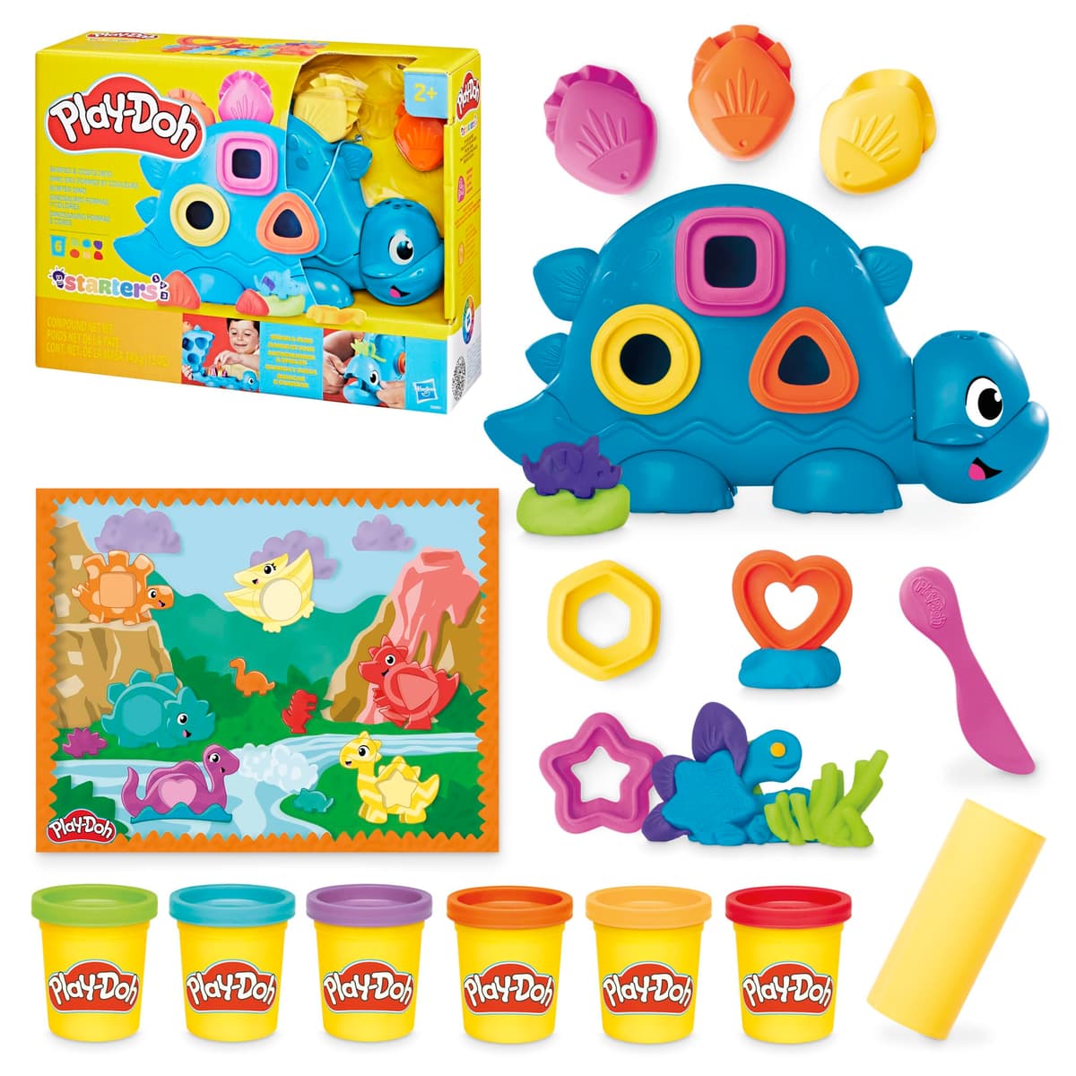Play-Doh Hasbro, Dinosaurio, Formas y Colores, Juguetes de Arte y Manualidades, Materiales Artísticos para Niños y Niñas de 2 Años o Más, 6 Botes, Plastilina de Colores, Creatividad, Regalo