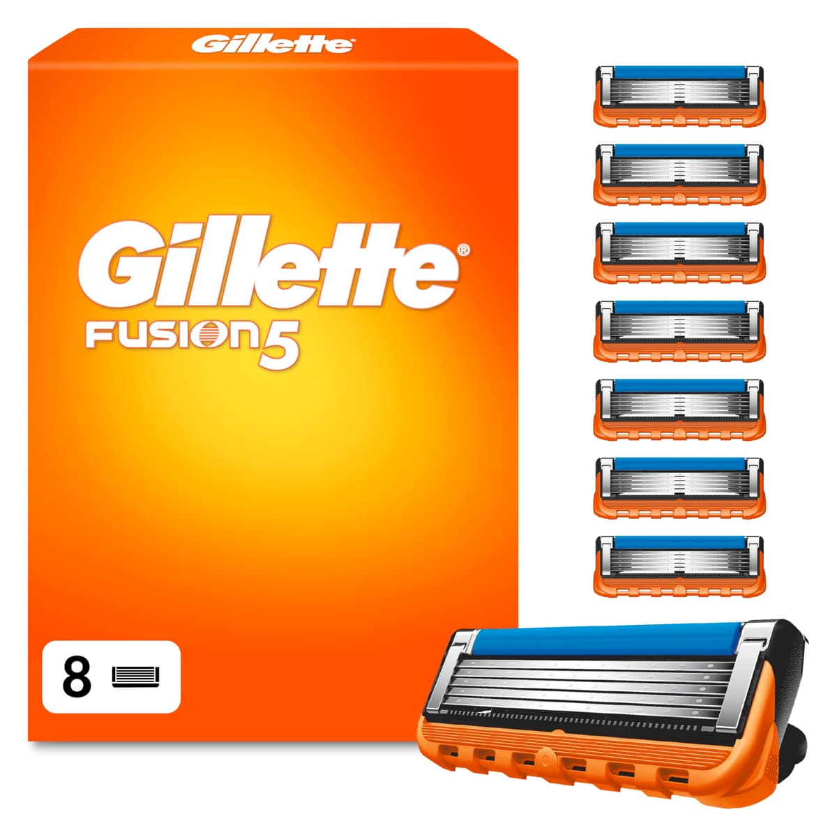 Gillette Fusion5 Razor Blades Men, Pack of 8 Razor Blade Refills with Precision Trimmer, 5 Anti-Friction Blades