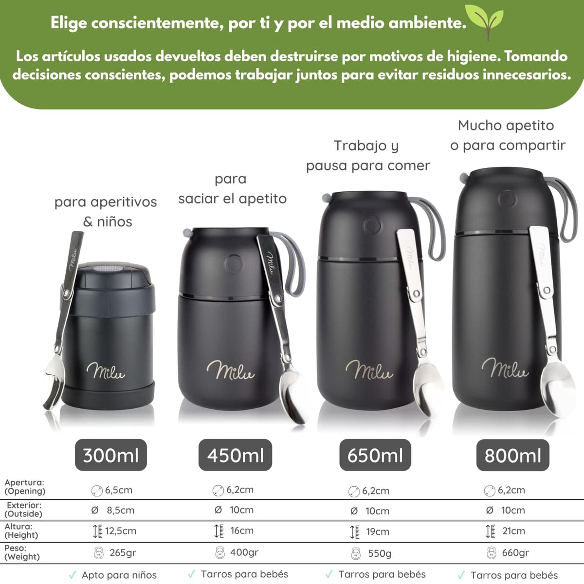 Milu Termo para Comida 450 ml Taza Aislada, Botella de Acero Inoxidable Aislada Alimentos, Beber y sopa de los niños de adultos Térmico (450ml/Verde Azul) — view 8