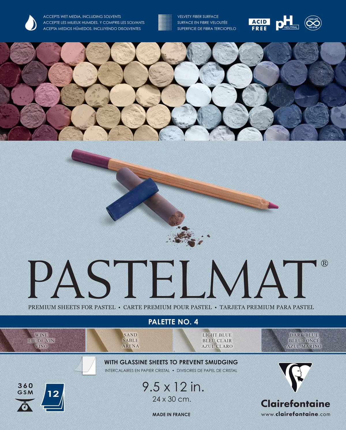 Clairefontaine Pastelmat Glued Pad - Palette No. 4 - (7 x 9 1/2 Inches) 18 x 24 cm - 360g - 12 Sheets - Dark Blue, Light Blue, Wine, Sand — view 2
