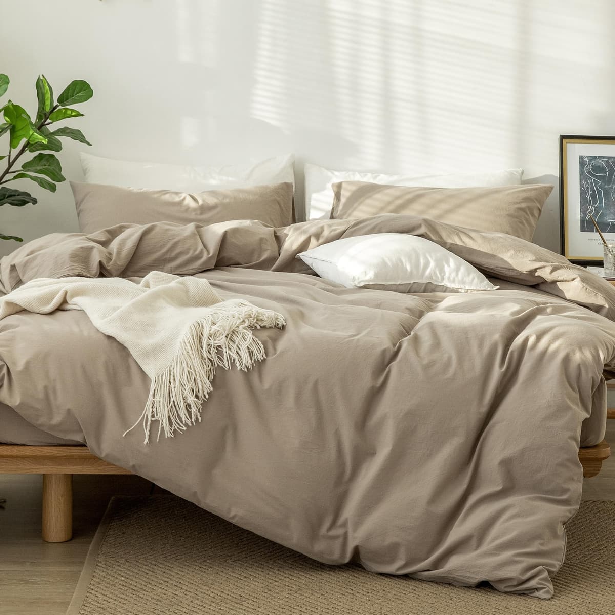 MooMee Bedding Duvet Cover Set 100% Washed Cotton Linen Like Textured Breathable Durable Soft Comfy (Tannish Linen Grey, King) — view 60