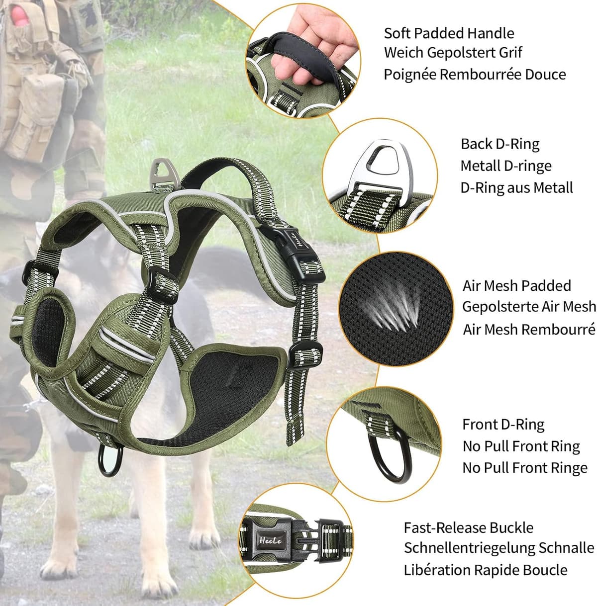 HEELE Dog Harness, Dog Harness for Small Medium Large Dogs No Pull Adjustable Padded Reflective Harness with Handle for Walking Training, Green, S — view 2